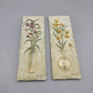 Cheri Blum 3D Wall Art Tiles Flowers Vases Set Of 2 Vintage Plaque